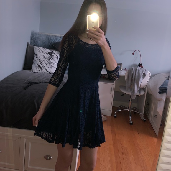 navy blue long sleeve lace dress - Picture 1 of 5
